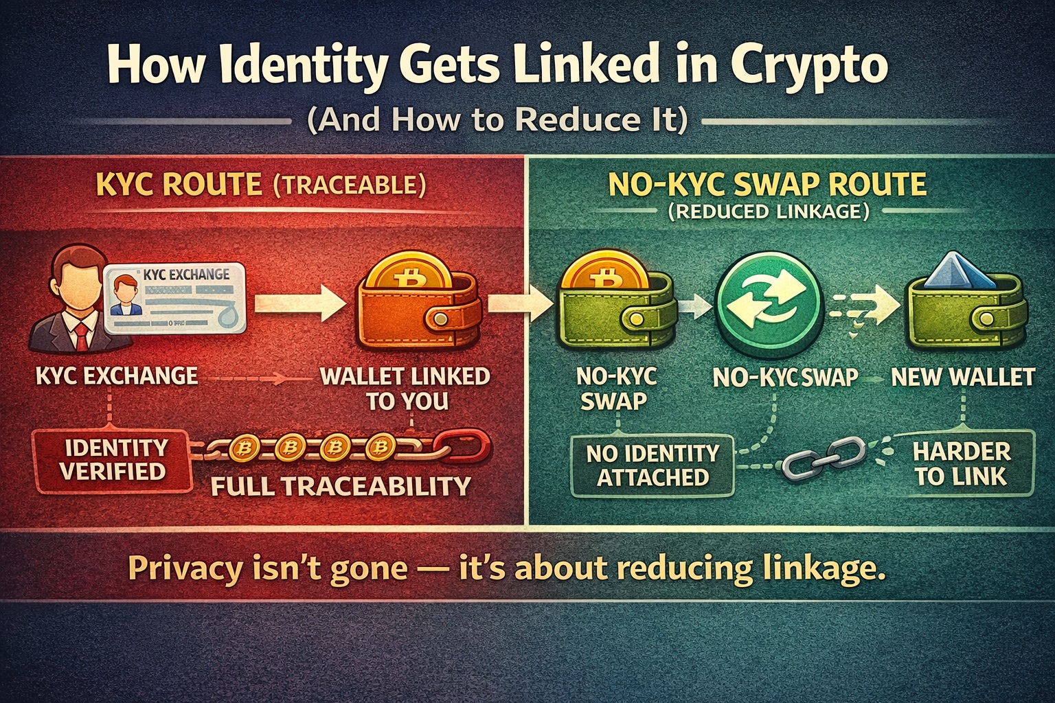 Infographic comparing a KYC exchange route where identity is linked to a wallet with full traceability versus a no-KYC swap route that reduces identity linkage to a new wallet.