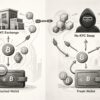 Side-by-side diagram showing a KYC exchange route linking a user's identity to a tracked Bitcoin wallet on the left, and a no-KYC swap route sending Bitcoin to a fresh wallet with no identity record on the right