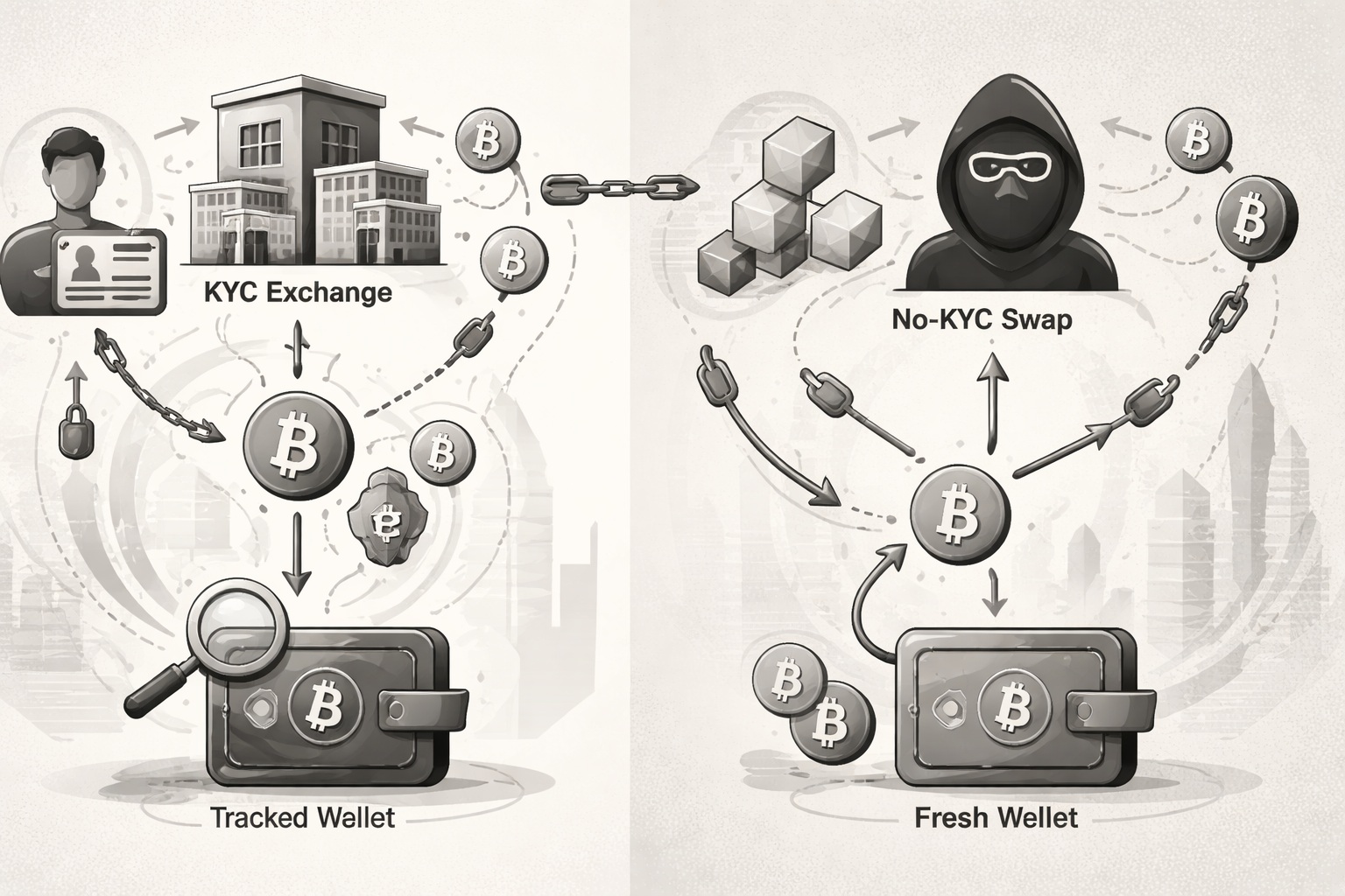 Side-by-side diagram showing a KYC exchange route linking a user's identity to a tracked Bitcoin wallet on the left, and a no-KYC swap route sending Bitcoin to a fresh wallet with no identity record on the right